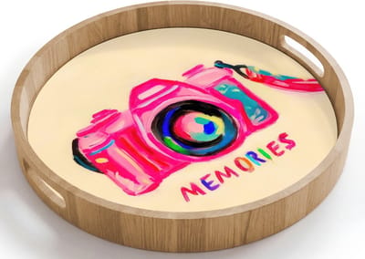 Dienblad rond 40x40 cm - Schootdienblad hout - Camera - Memories - Roze - Geschilderd - Borrelplank rechthoek - Plateau houten dienbladen