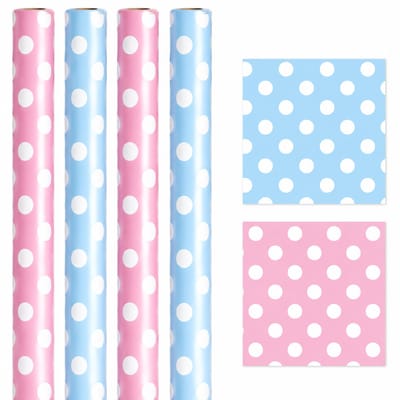 Extra Lang Cadeaupapier Baby Roze & Blauw – Set van 4 Rollen – 70 x 400 cm – Inpakpapier met Witte Stippen – Geschenkpapier Babyshower & Kraamcadeau