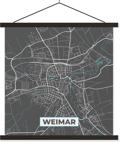 Posterhanger incl. Poster 90x90 cm - Schoolplaat - Blauw – Duitsland – Plattegrond – Stadskaart – Kaart – Weimar - Textielposter - Zwarte latten - Stadskaart