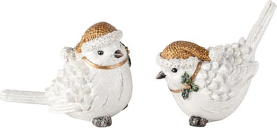 Dekoratief | Vogeltje m/muts 'Joey', wit/goud, resina, 6x10x9cm, set van 2 stuks | A245492