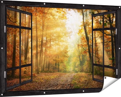 Gards Tuinposter Doorkijk Herfstbos met Zonneschijn - 150x100 cm - Tuindoek - Tuindecoratie - Wanddecoratie buiten - Tuinschilderij