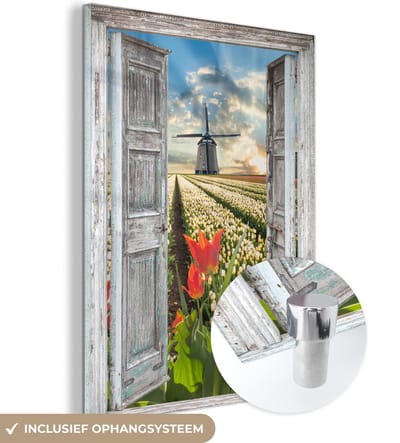 MuchoWow® Glasschilderij 30x40 cm - Schilderij acrylglas - Bloemen - Molen - Lente - Doorkijk - Foto op glas - Schilderijen