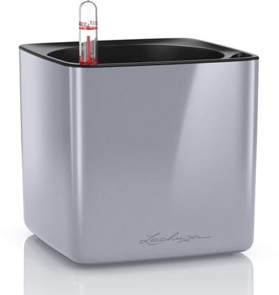 LECHUZA CUBE Glossy 14 - Plantenbak - met uitneembare binnenbak - met bewateringssysteem - ALL-IN-ONE set - SPECIAL EDITION - titanium dust hoogglans