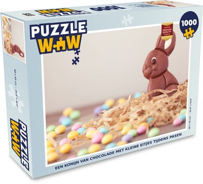 Puzzel Een konijn van chocolade met kleine eitjes tijdens Pasen - Legpuzzel - Puzzel 1000 stukjes volwassenen