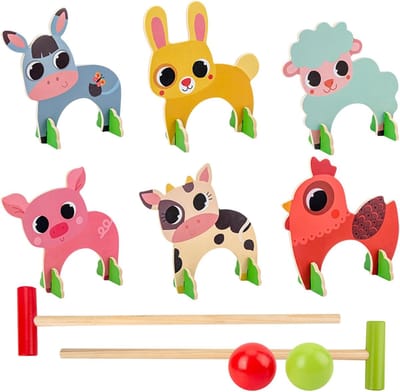 Houten Croquet Set - Dierenspel - Buitenactiviteiten Kinderen - Draagbaar Houten Speelgoed - 376 x 205 cm