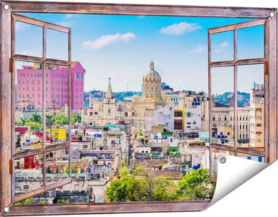 Gards Tuinposter Doorkijk Havana Stad in Cuba - 90x60 cm - Tuindoek - Tuindecoratie - Wanddecoratie buiten - Tuinschilderij