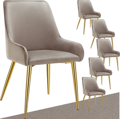 tectake® Eetkamerstoel Avane - Fluweeloptiek - Ergonomische gestoffeerde stoel met gouden stalen poten - Draagkracht 120 kg - Moderne eetkamer- en keukenstoel - Set van 6 - Taupe