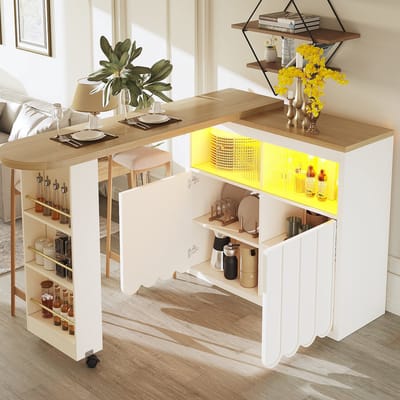 MODENUIT Bartafel - Uitschuifbaar Met Led En Opbergruimte - Voor Keuken En Woonkamer - Wit - 135-205x39x100 cm