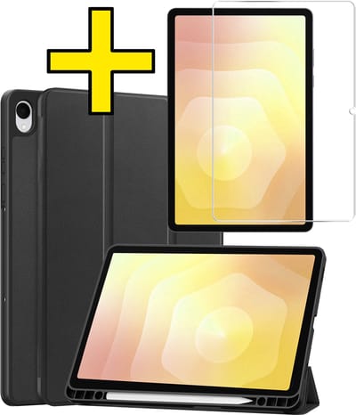 Hoes - Geschikt voor Samsung Galaxy Tab S11 - Met Screenprotector - Trifold Bookcase - Hard Cover Case - Met Uitsparing Geschikt voor S Pen - Hardcover Book - Tablet Hoesje - Zwart