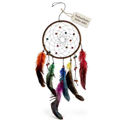 Dailygoods- Dromenvanger kleurrijk - Boho-decoratie - Houten kralen - Veren - 16 x 30 cm - Positieve energie - Wanddecoratie