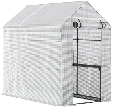 Kas met Roldeur - 2 Etages - Met 4 Planken - Inloopbare Polytunnelkas - Tuinkas - Foliekas - Broeikas - Koude Bak - Kweekkas - Tomatenkas - Groentekas - Plantenkas - voor Groenten, Bloemen, Planten - 120 x 186 x 190 cm - Wit + Groen
