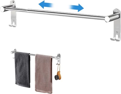 Handdoekstang van roestvrij staal, uittrekbaar, 43-75 cm, handdoekhouder met haken, schroeven, lijm, zilver, wandmontage, badhanddoekhouder, handdoekhouder voor badkamer, keuken