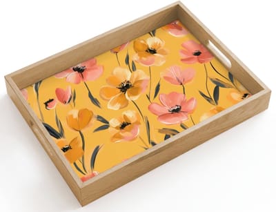 Dienblad hout 40x30 cm - Schootdienblad - Bloemen - Geschilderd - Geel - Borrelplank rechthoek - Plateau dienbladen