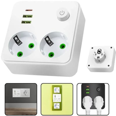 2-in-1 Wandcontactdoos Adapter - Stekkerblok - Euro Stekkerdoos Zonder Snoer - 2 USB + 1 Type-C Poort - 2500W Max Vermogen - Multi Power Socket