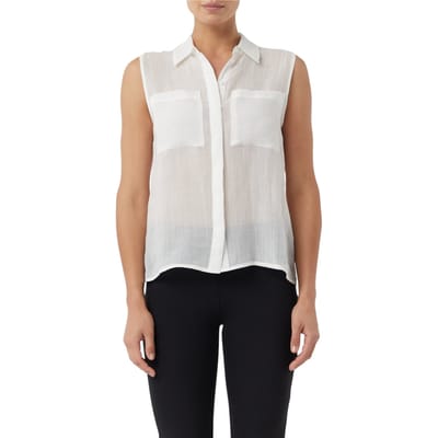Mouwloze blouse van ramie met kraag en opgestikte zakken voor vrouw COMMA