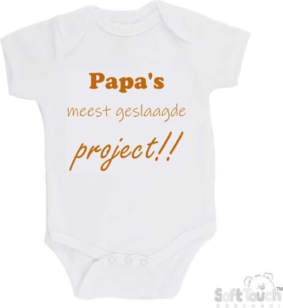 Soft Touch Romper "Papa's meest geslaagde project" Unisex Katoen Wit/tan Maat 56/62