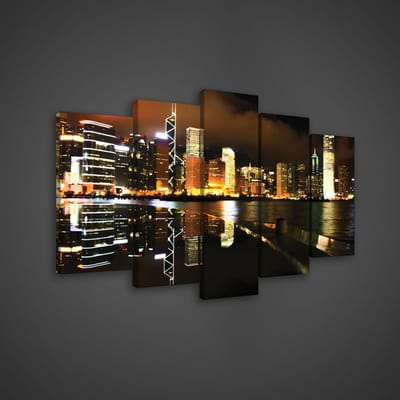 Canvas Schilderij - Hong Kong - Stad - Lichten - Skyline - Toren - Gebouw - Schilderij Woonkamer - Schilderijen op canvas - Inclusief Frame - 100x60cm (LxB) - 5 Luiks - 5 Delen