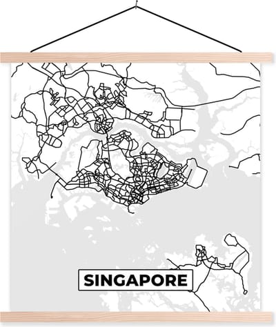 Posterhanger incl. Poster 40x40 cm - Schoolplaat - Singapore - Plattegrond - Stadskaart - Zwart Wit - Kaart - Textielposter - Blanke latten - Stadskaart