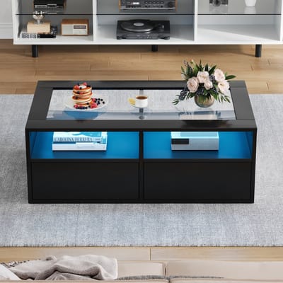 MODFU Salontafel Met Ledverlichting En 2 Lades - Tweelaags Design - Voor Woonkamer - Glas En Spaanplaat - Zwart - 100 X 50 X 35 Cm