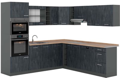 Vicco Hoekkeuken R-Line, Zwart beton/Antraciet, 247 x 237 cm WB Eik