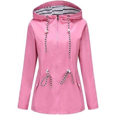Nieuwe Waterdichte Lange Mouwen Lange Windjack Dames met Capuchon Gestreept Regenjas Plus Size Dameskleding 5XL pink
