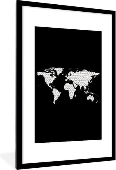Poster in lijst - Fotolijst 60x90 cm - Posters - Wereldkaart - Design - Grijs - Wit - Posterlijst zwart - Decoratie - Wanddecoratie woonkamer - Muurdecoratie slaapkamer