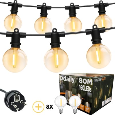 Odaily Lichtsnoer Buiten - 80 Meter - 160 LED Lampen G40 - Warm Wit Licht - IP65 - Premium Kwaliteit