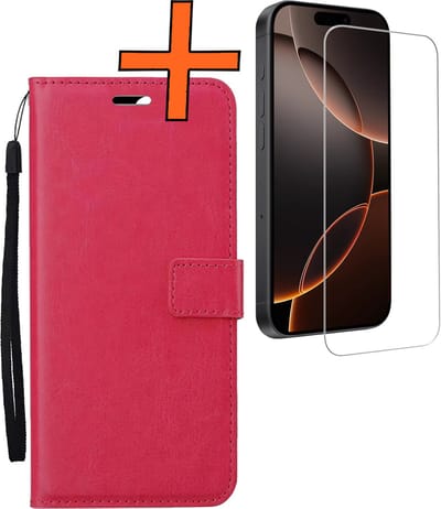 Hoes - Met Screenprotector - Geschikt voor Apple iPhone 16 Pro - Luxe Pasjeshouder - Bookcase Portemonee - Flip Case - Kunstleer Book Case - Flipcase - Book Cover - Walletcase - PortemonneeHoes - Donkerroze