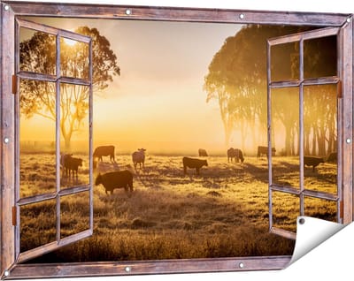 Gards Tuinposter Doorkijk Kudde Koeien in de Wei met Zonsopkomst - 120x80 cm - Tuindoek - Tuindecoratie - Wanddecoratie buiten - Tuinschilderij