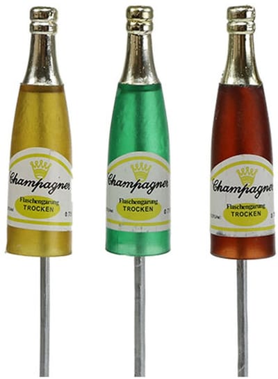 Stekker champagneflessen bruin, groen, geel 7,5cm L28,5cm 10 stuks