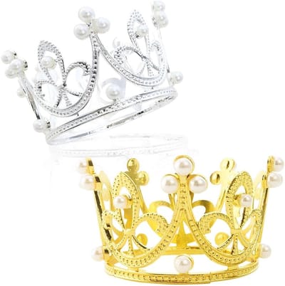 2 stuks taarttoppers met kroon, mini-kroon, goudkleurig, zilverkleurig, hoofdtooi, elegante delicate kroon, voor babyshower, bruiloft, verjaardagsfeest, 2 stuks