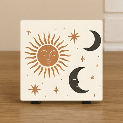 Wenstegeltje Zon Maan Sterren – 10,5x10,5 cm – Boho Wanddecoratie – Spreuktegel – Stijlvolle Woondecoratie – Trendy nu– Hip trendy tegeltje – Cadeau – Zomaar – Deco – Decoratief Tegeltje met Standaard – Cadeau Idee