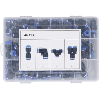 40 Stuks Pneumatische Fitting Kit 6mm Buitendiameter 10 Verdelers 10 Ellebogen 10 T-stukken 10 Rechte Snelkoppelingen Lucht