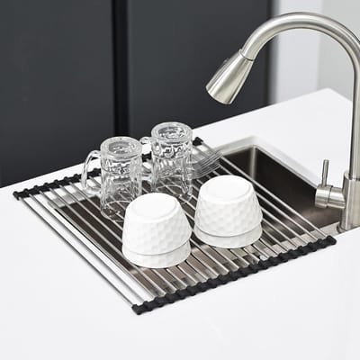 Famanu – Afdruiprek voor de wastafel in de keuken - 304 roestvrij staal/siliconen - als afdruiprek voor de keukenspoelbak (zwart - 43 x 35 cm)