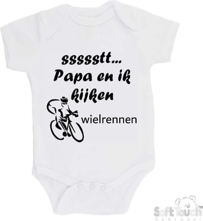 100% katoenen Romper "ssssstt... Papa en ik kijken wielrennen" Unisex Katoen Wit/zwart Maat 56/62