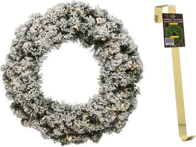 Groen/witte led kerstkrans 50 cm Imperial met kunstsneeuw en met gouden hanger - Kerstversiering/kerstdecoratie kransen