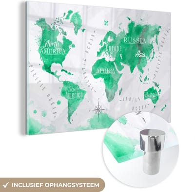 ® Glasschilderij 180x120 cm - Schilderij acrylglas - Wereldkaart - Olieverf - Groen - Foto op glas - Muurdecoratie woonkamer - Wanddecoratie slaapkamer - Schilderijen
