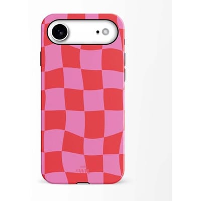 xoxo Wildhearts Drunk In Love - Double Layer - Hoesje geschikt voor iPhone 17 Air hoesje - Blokjes print roze - Hardcase - Shockproof case - Dubbele beschermlaag - Beschermhoes met golvende print - Roze / Rood