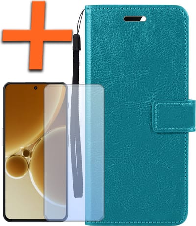Hoes - Met Screenprotector - Geschikt voor OnePlus Nord 3 - Luxe Pasjeshouder - Bookcase Portemonee - Flip Case - Kunstleer Book Case - Flipcase - Book Cover - Walletcase - PortemonneeHoes - Turquoise