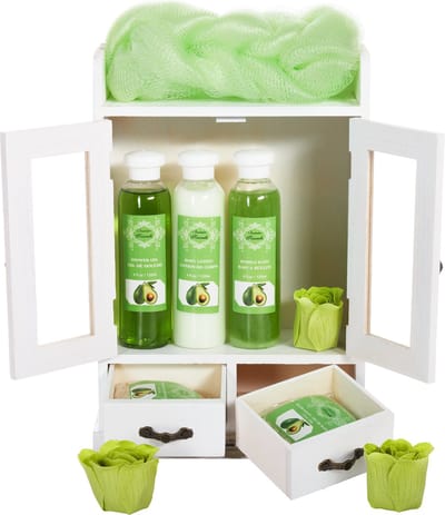 BRUBAKER Cosmetics - 10-delige bad- en verzorgingsset - Avocado - in vintage houten kastje wit - Cadeautip Vrouw - Cadeau Idee - Cadeau - Bodylotion - Douchegel - Moederdag Cadeautje