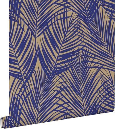 ESTAhome behang palmbladeren kobaltblauw en taupe - 50 x 900 cm - 131971