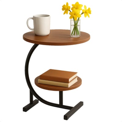 Lomera Bijzettafel Metaal - Dubbel Tafelblad - Bruine Bijzettafel - Mdf Hout - Sidetable Bruin - Metalen Frame - Compacte Bijzettafel - Ronde Tafelbladen - Hoog - Lichtgewicht Tafel - Moderne Bijzettafel