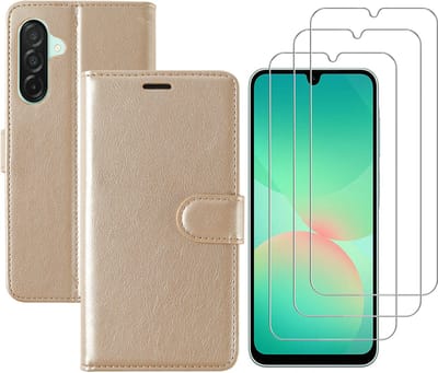 Hoesje geschikt voor Samsung Galaxy A26 bookcase Goud - Met screenprotector tempered glass Galaxy A26 - 3x