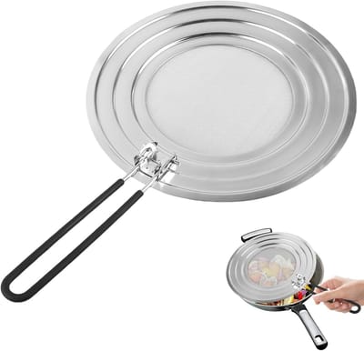 Roestvrijstalen spatscherm voor pannen van 30 cm met opvouwbare handgreep, ideaal ter bescherming tegen vetspetters en geschikt voor diverse pannen.