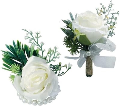 Bruiloft Corsage Set - Polsband Knoopsgaten - Feestelijke Decoratie - Rose Bloem Design - 1x1x1 cm - Beige