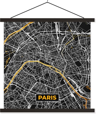 Posterhanger incl. Poster 60x60 cm - Schoolplaat - Frankrijk – Paris - Kaart – Plattegrond – Stadskaart - Textielposter - Zwarte latten - Stadskaart