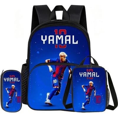 Leer, Reis Voetbalster Schooltas L-Lamin Yamal 3 Delige set met Voorvak Rugzak Lunchtas, Etui, Sport Rugzak