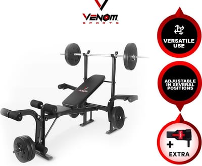 Venom Sports halterbank – Fitnessbank – Verstelbare rugleuning – Uiterst geschikt voor gewichten – Incl. Beenhouder – Zachte handgrepen – PU kussens – Triangel structuur – Inklapbaar -  Zwart - 182x116x112cm