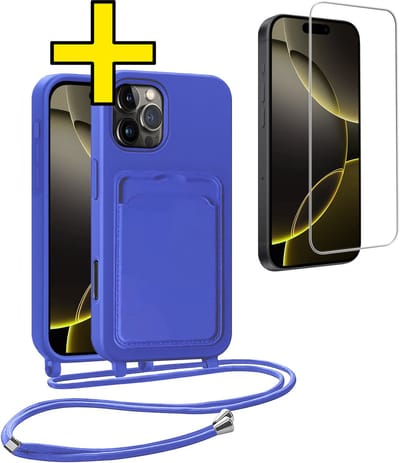 Hoesje Geschikt voor iPhone 16 Pro Telefoonhoesje Met Koord Case Pashouder Met Screenprotector Siliconen - Hoes Geschikt voor iPhone 16 Pro Hoesje Met Kaarthouder - Felblauw