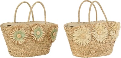 J-Line strandtas Zonnebloem - zeegras - naturel/kakigroen - set van 2